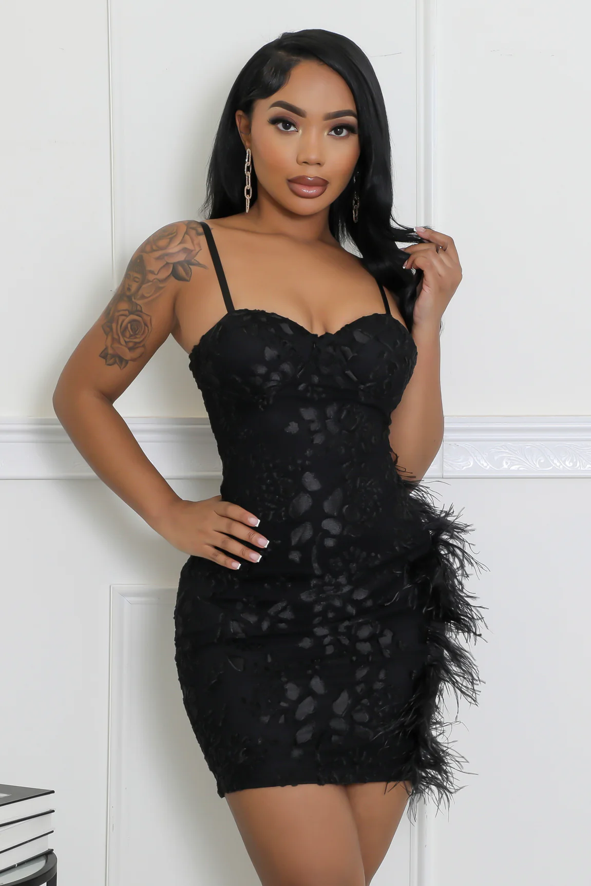 Faux Feather Spaghetti Strap Dress