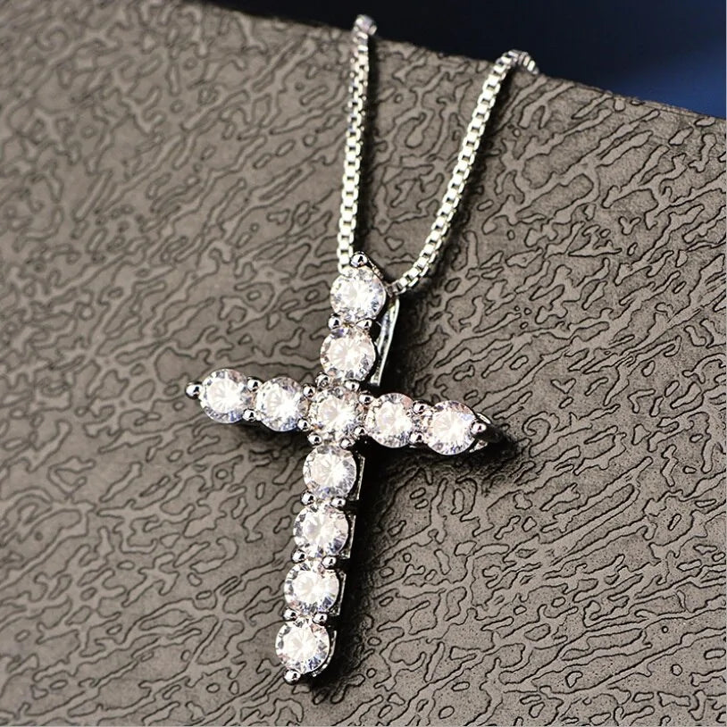 Crystal Cross Pendant Silver Chain Necklace - Fashionable Women's Jewelry Gift