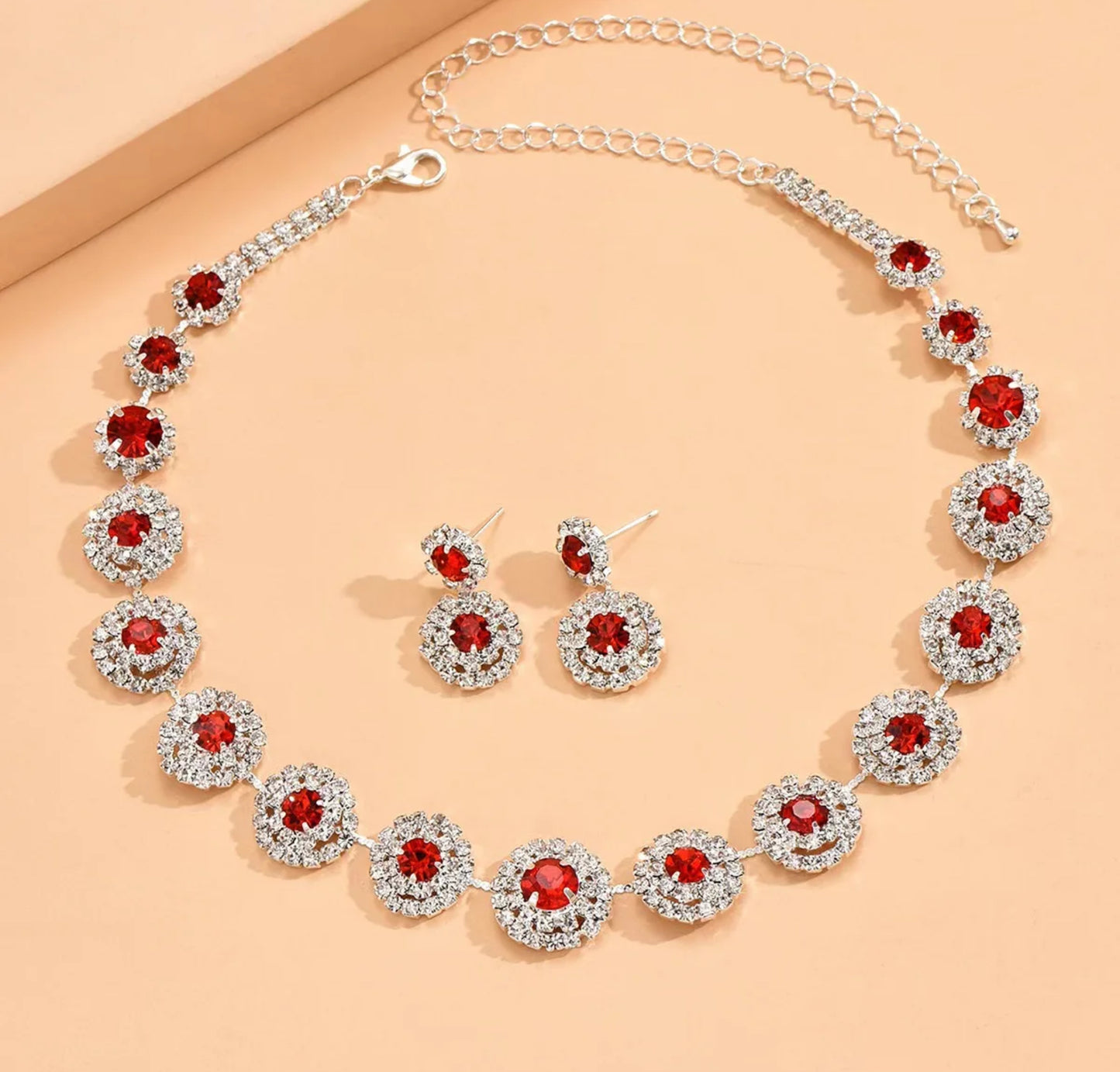 Full Rhinestone Circle  Necklace and Earrings Jewelry