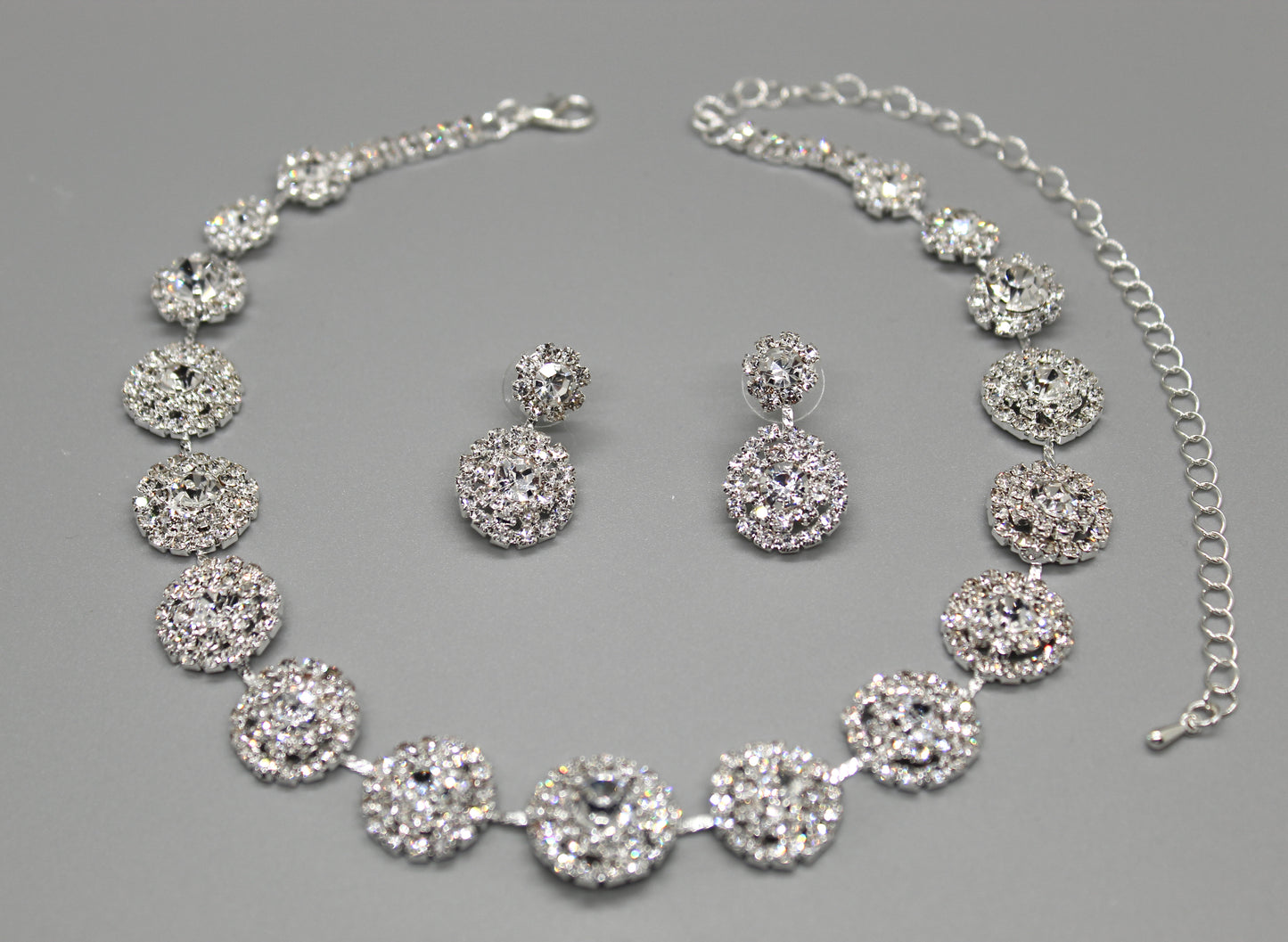 Full Rhinestone Circle  Necklace and Earrings Jewelry