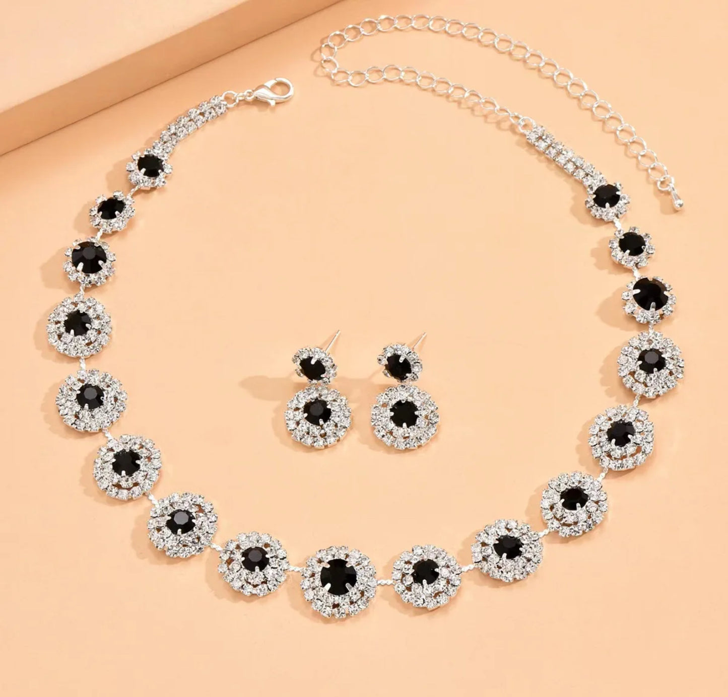 Full Rhinestone Circle  Necklace and Earrings Jewelry