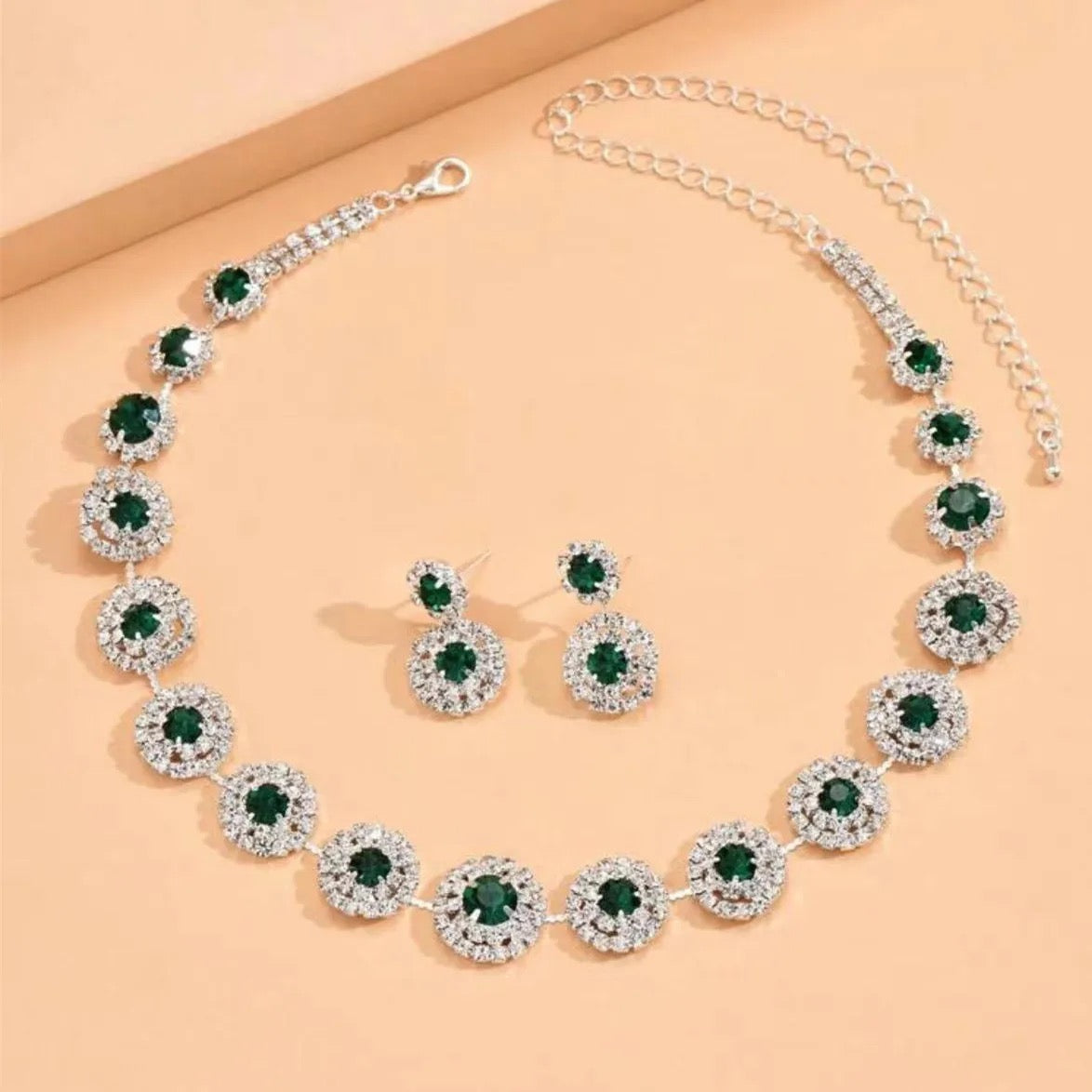 Full Rhinestone Circle  Necklace and Earrings Jewelry